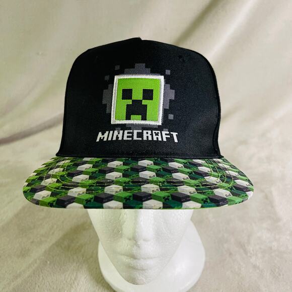 MINECRAFT Creep Mojang Hat Cap Youth Boy Snapback Black Green Gamer Gaming - Picture 1 of 7